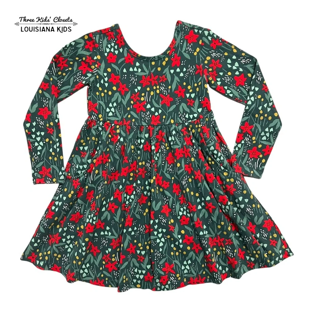 Hanna Andersson Sz 110 (5) Christmas Poinsettia Green & Red Holiday Twirl Dress